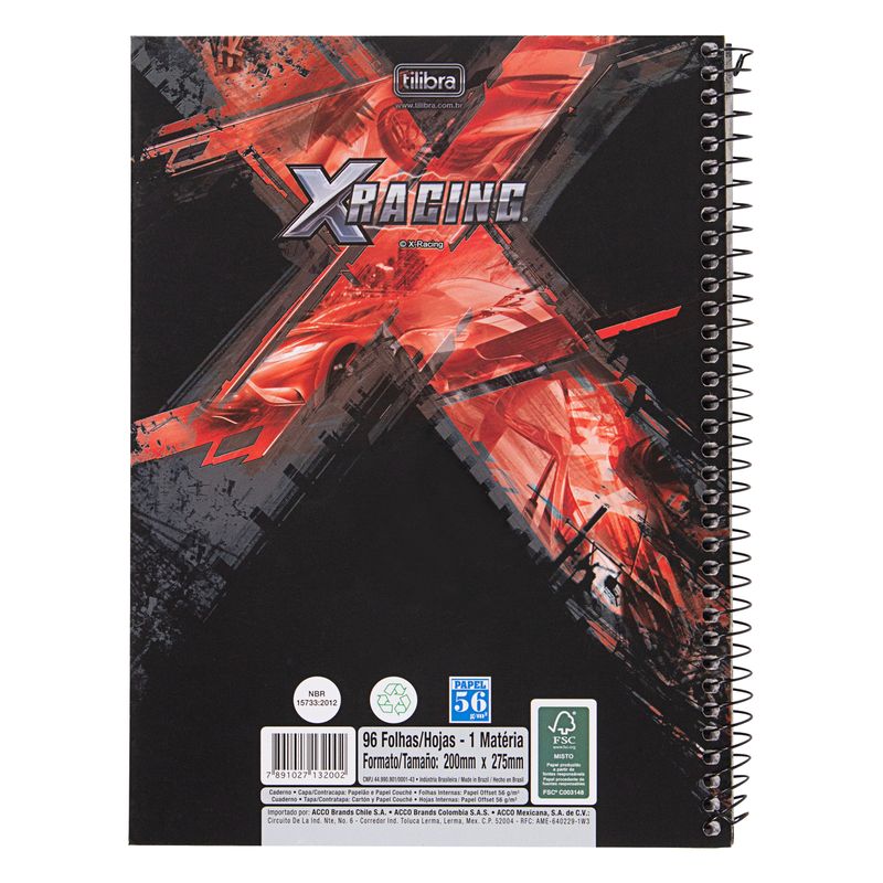 Caderno Capa Dura Espiral X-Racing Tilibra 200Mm X 275Mm 96 Folhas