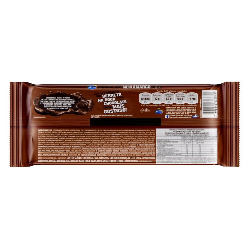 ARCOR TABLETE CHOCOLATE MEIO AMARGO 80 G x 1